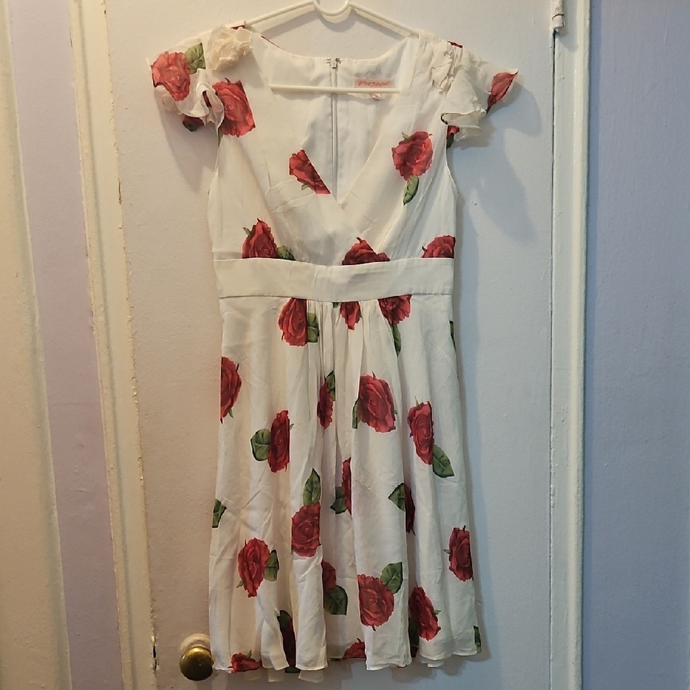 Betsey Johnson White Dress with Red Rose Floral Design